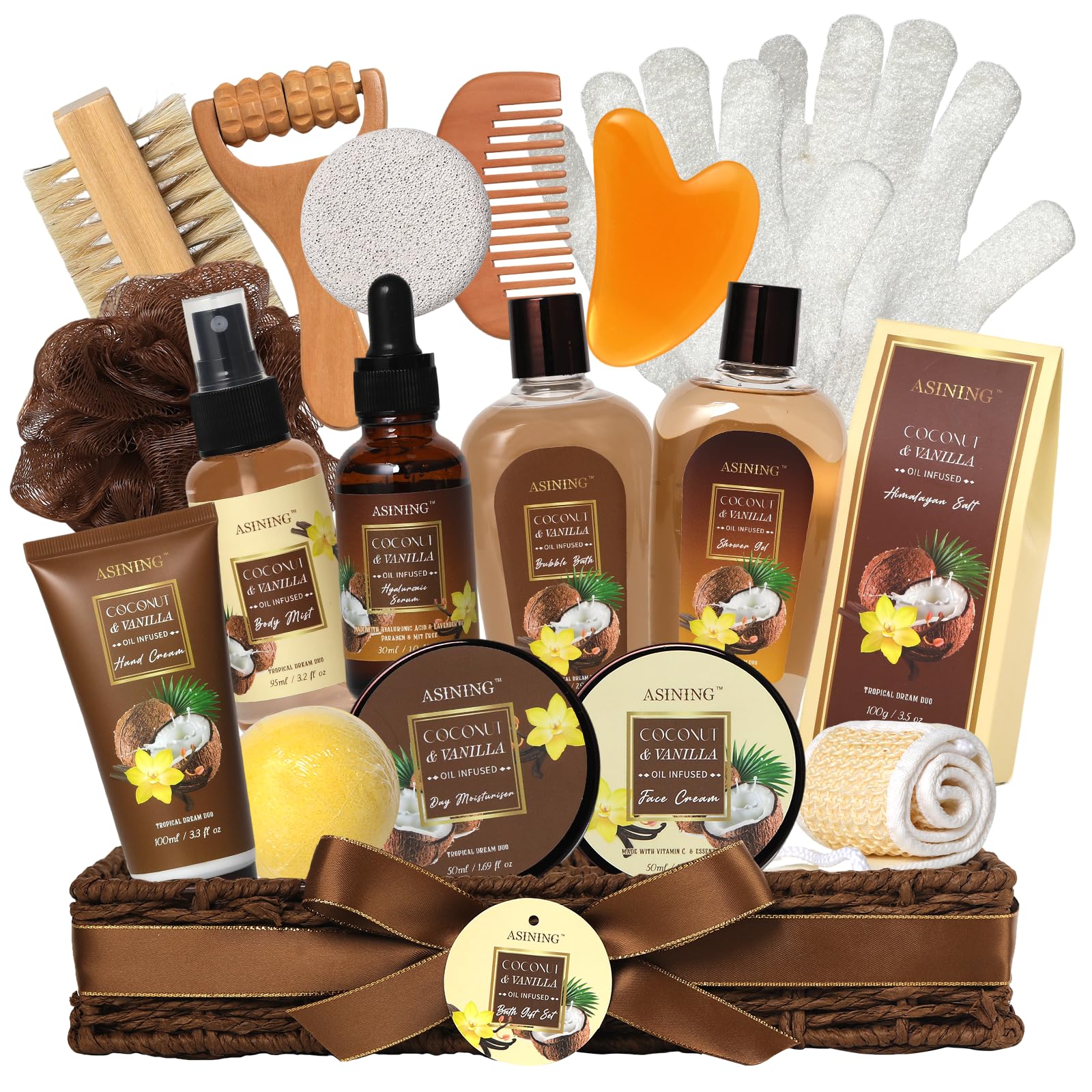 ASINING spa basket with coconut vanilla set for at-home pampering and moisturized skin.