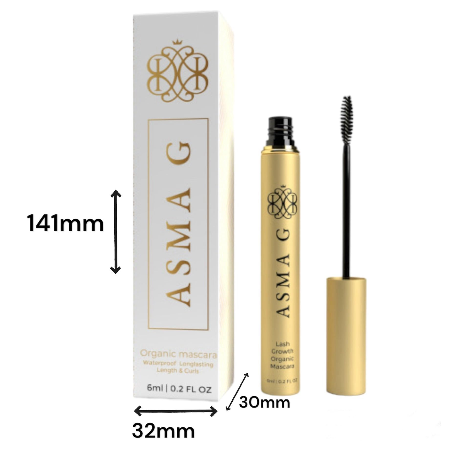 ASMA G Organic Mascara wand close-up showing nourishing botanicals