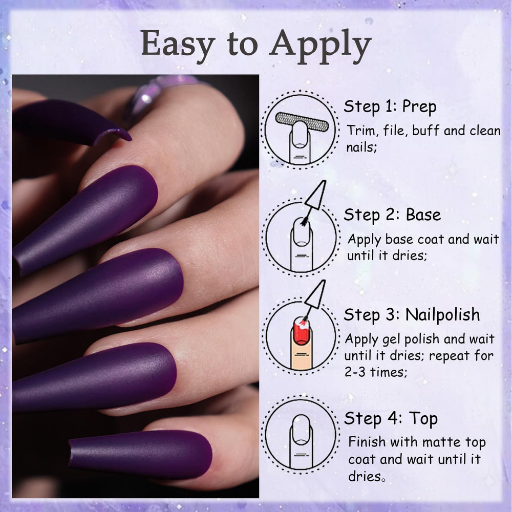 ASMAYSA Frosted purple gel polish on nails suitable for events and nights out.