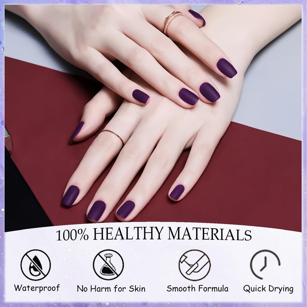 ASMAYSA Matte Purple Nail Polish on nails during a home manicure setup.