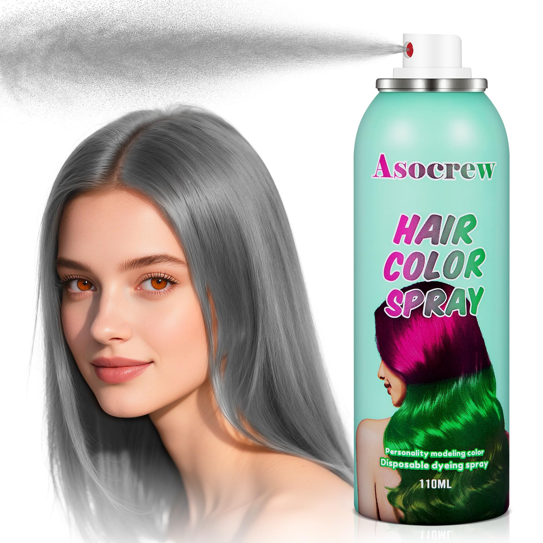 Asocrew GrayHair Spray bottle showing easy-to-wash temporary color effect.