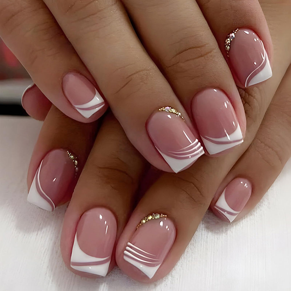 ASONRL 24-pcs press-on nails with pink French tips and gold rhinestones for easy at-home manicure.