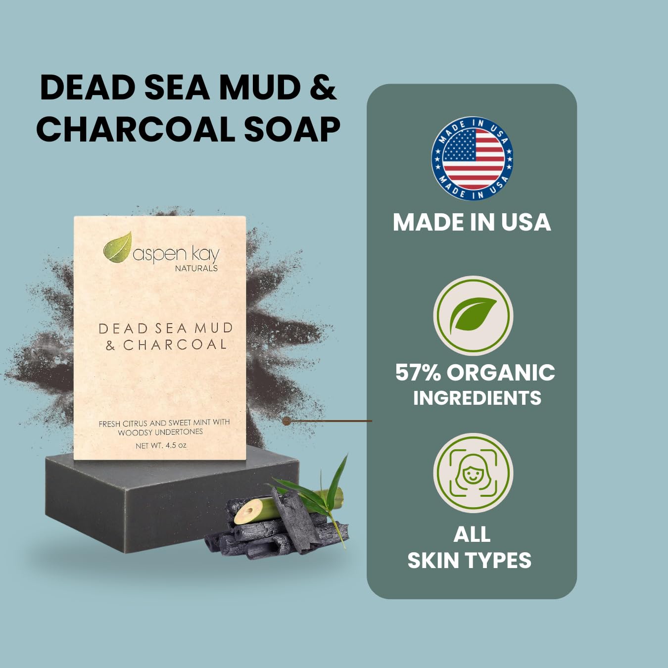 Close-up texture of Aspen Kay Naturals soap with mud and charcoal for cleansing