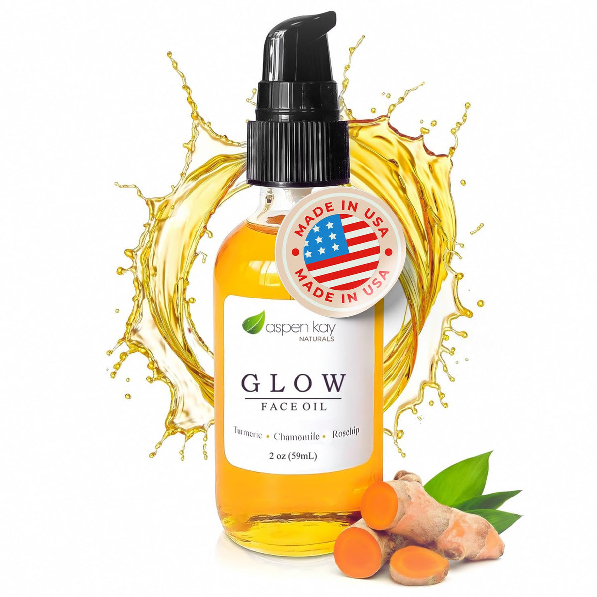 Aspen Kay Naturals Glow bottle with dropper, highlighting turmeric and rosehip formula for nourishing skin.