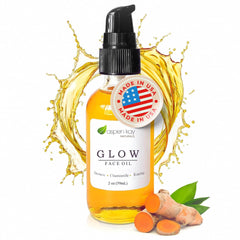 Aspen Kay Naturals Glow bottle with dropper, highlighting turmeric and rosehip formula for nourishing skin.