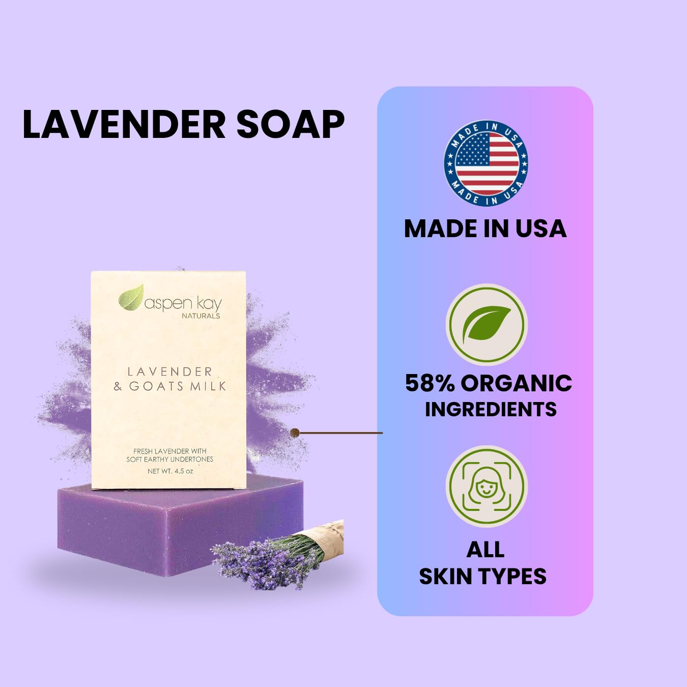 Aspen Kay Naturals Lavender Soap label close-up, showcasing essential oils and scent.