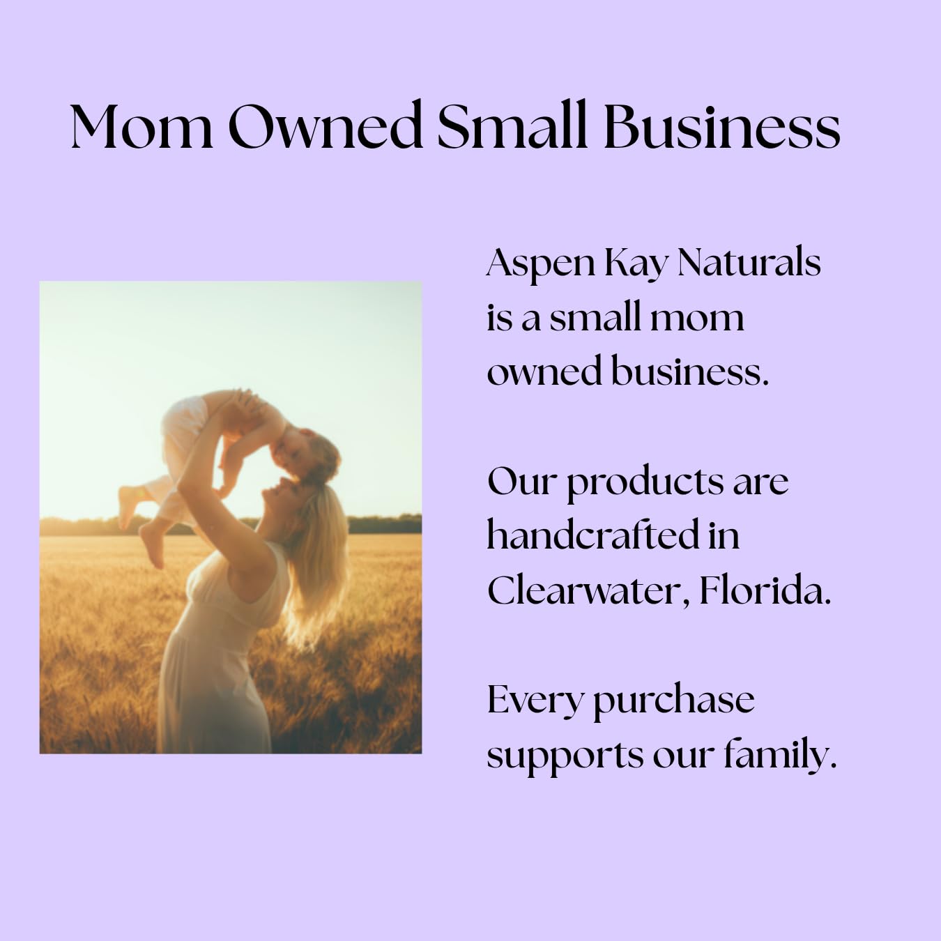 Aspen Kay Naturals Made in USA sign emphasizes handmade craftsmanship.