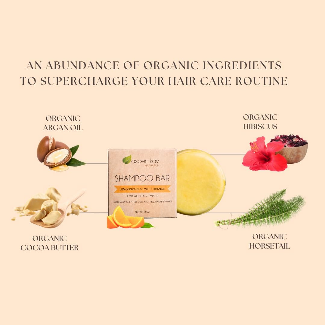 Herbs like nettle and hibiscus highlighted on Aspen Kay Naturals Moroccan Argan Oil Shampoo Bar for nourishment.