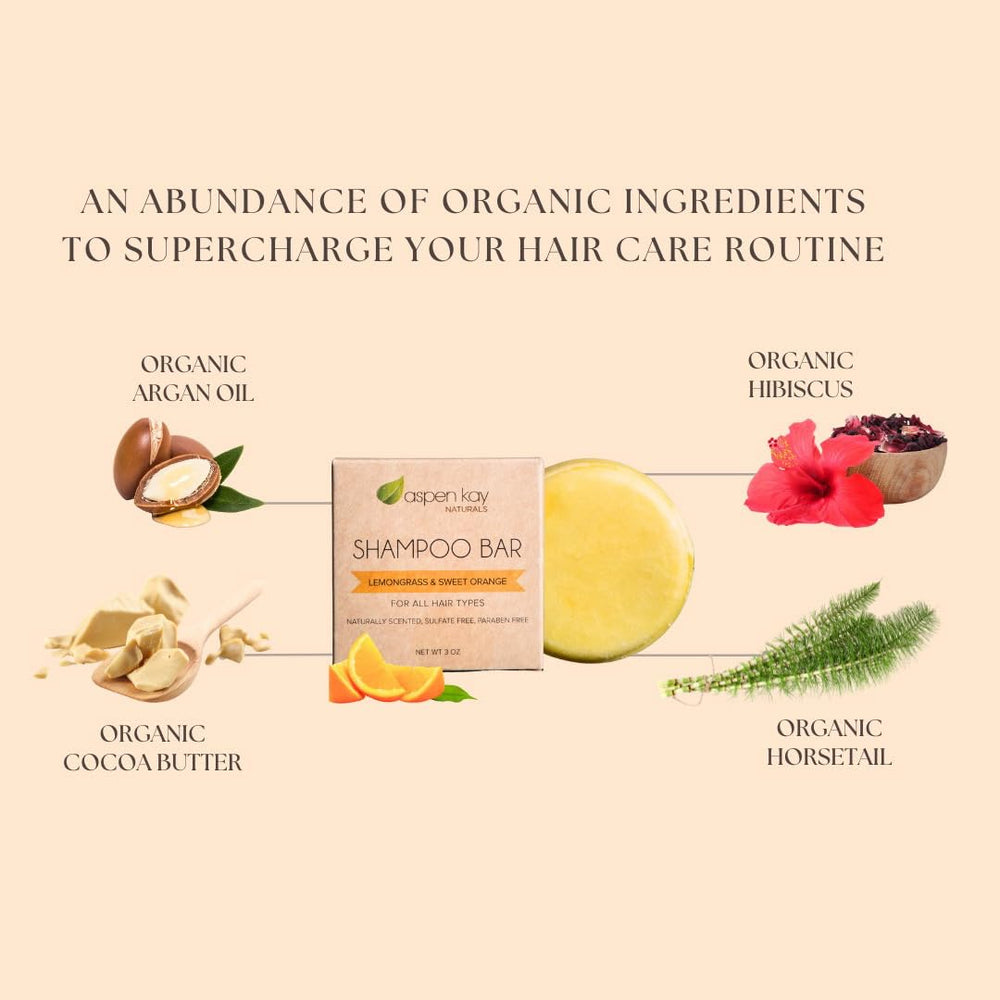 Herbs like nettle and hibiscus highlighted on Aspen Kay Naturals Moroccan Argan Oil Shampoo Bar for nourishment.