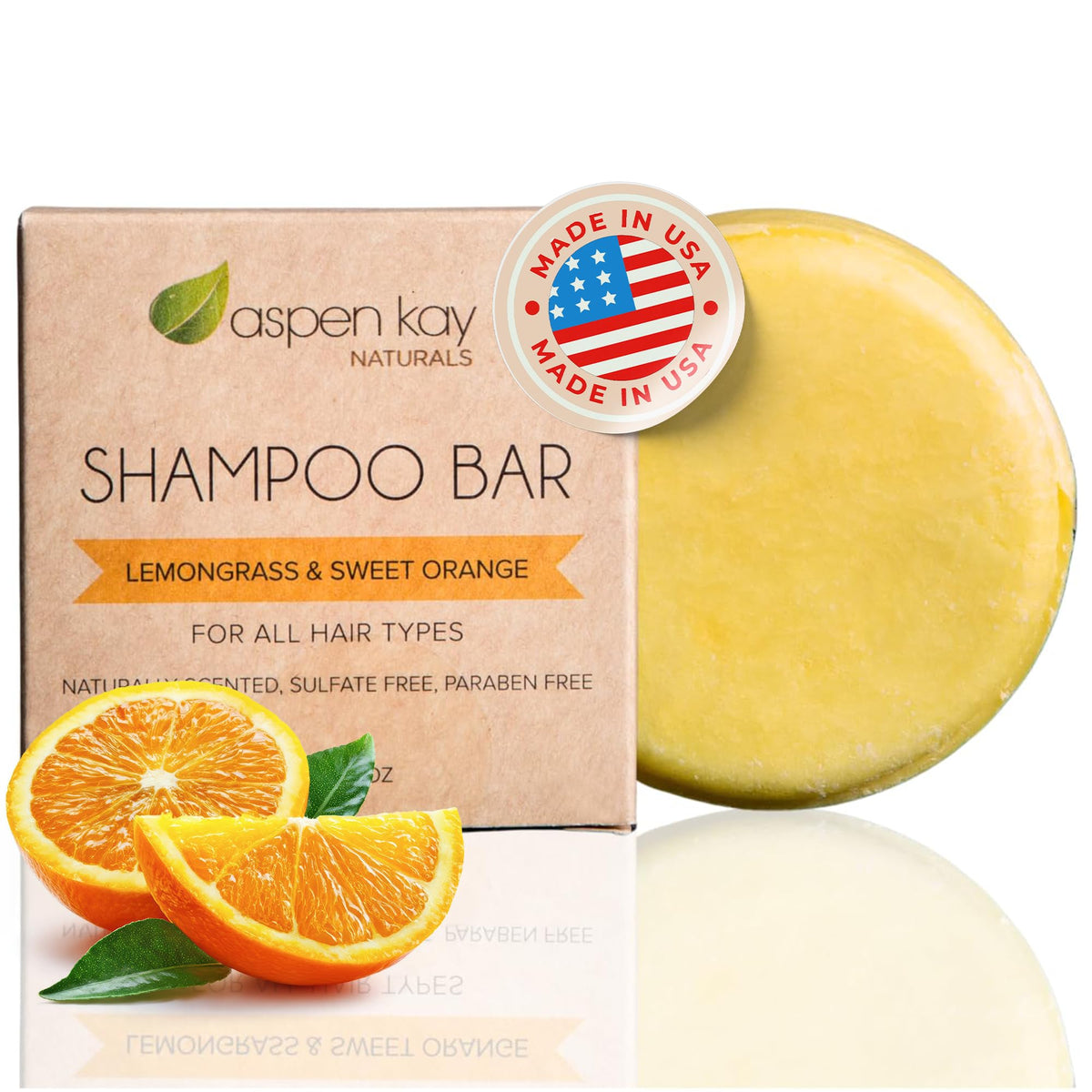 Aspen Kay Naturals Moroccan Argan Oil Shampoo Bar packaging shows eco-friendly design and sulfate-free formula.