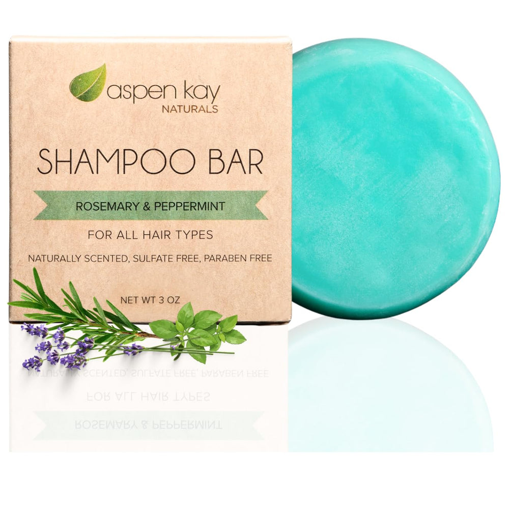 Aspen Kay Naturals solid shampoo bar lathers with rosemary and peppermint for a refreshing cleanse