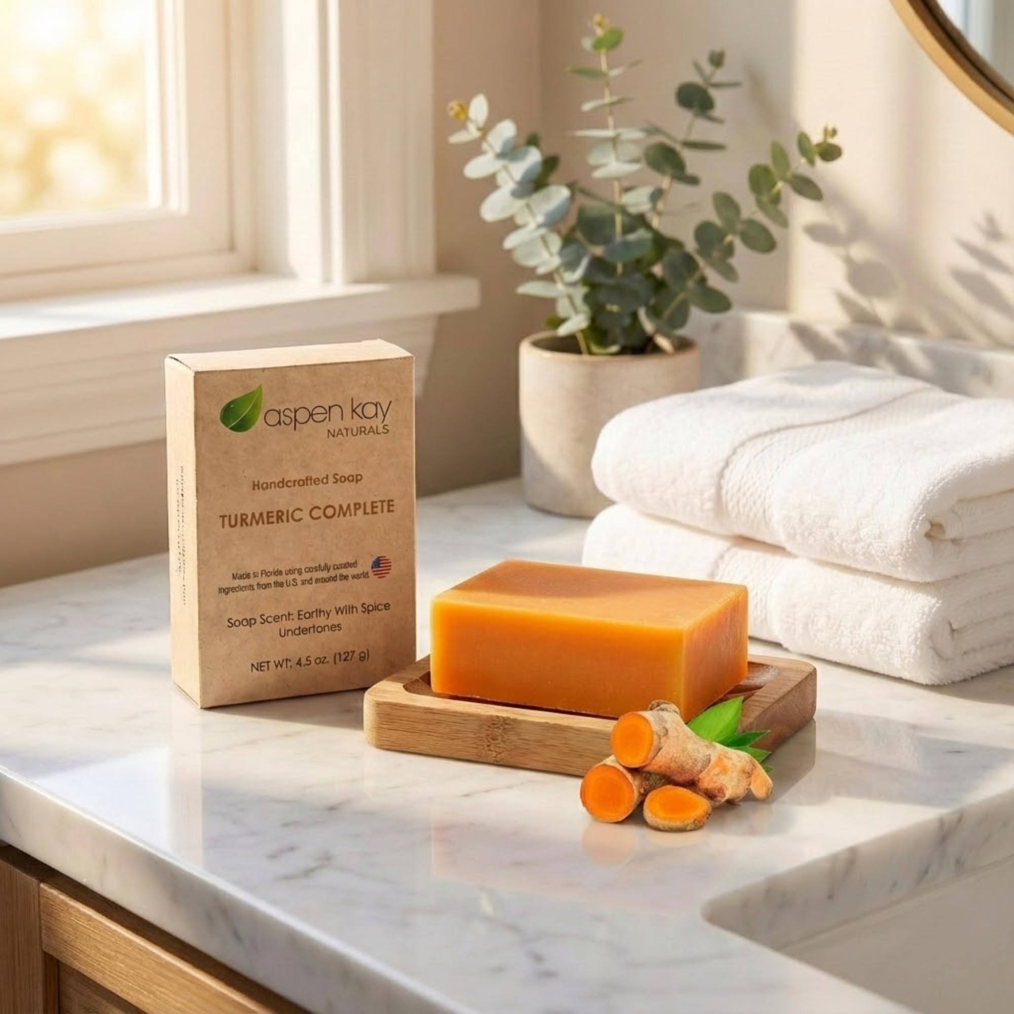 Aspen Kay Naturals turmeric soap cross-section shows texture and clays.