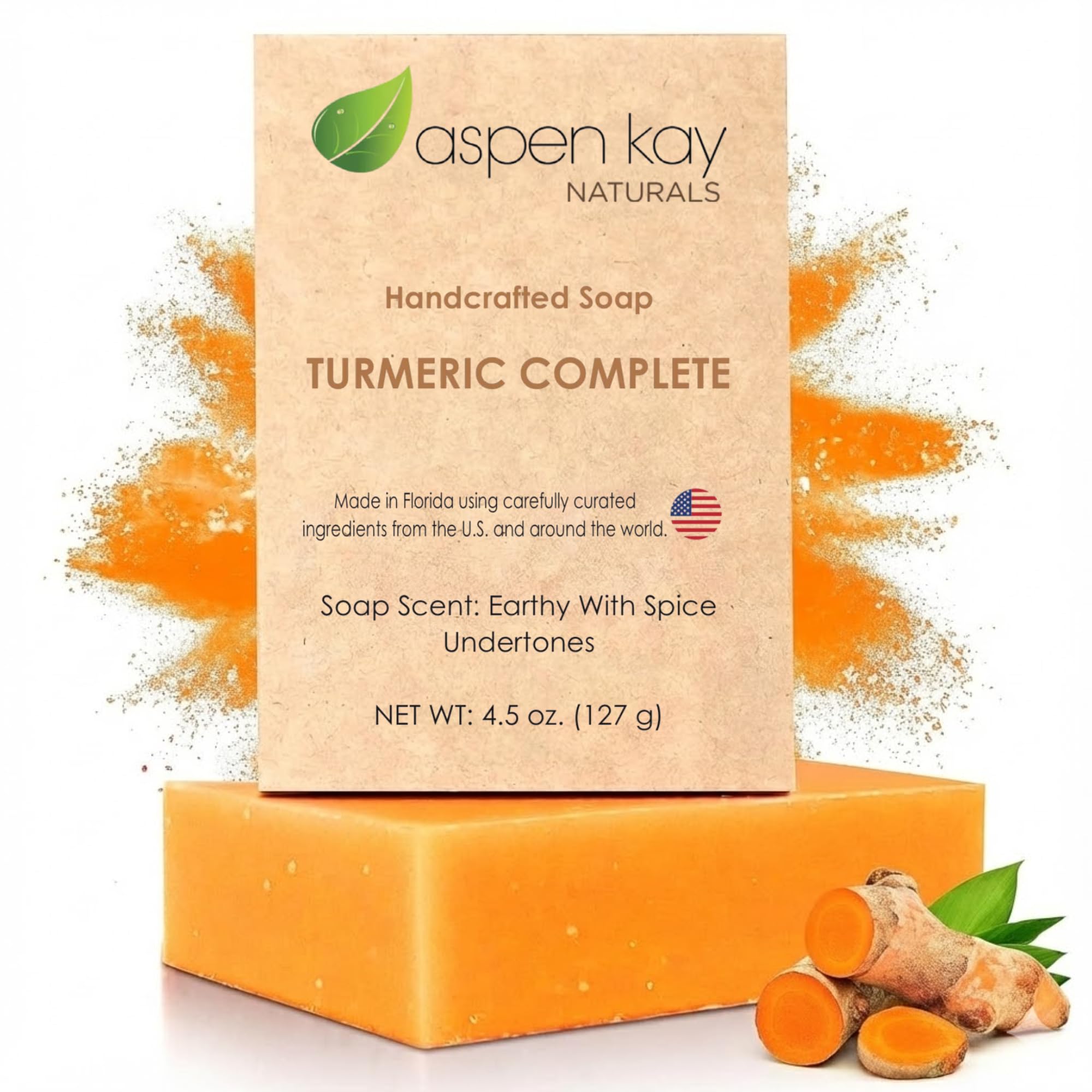 Aspen Kay Naturals turmeric soap bar for face and body, gentle cleansing.