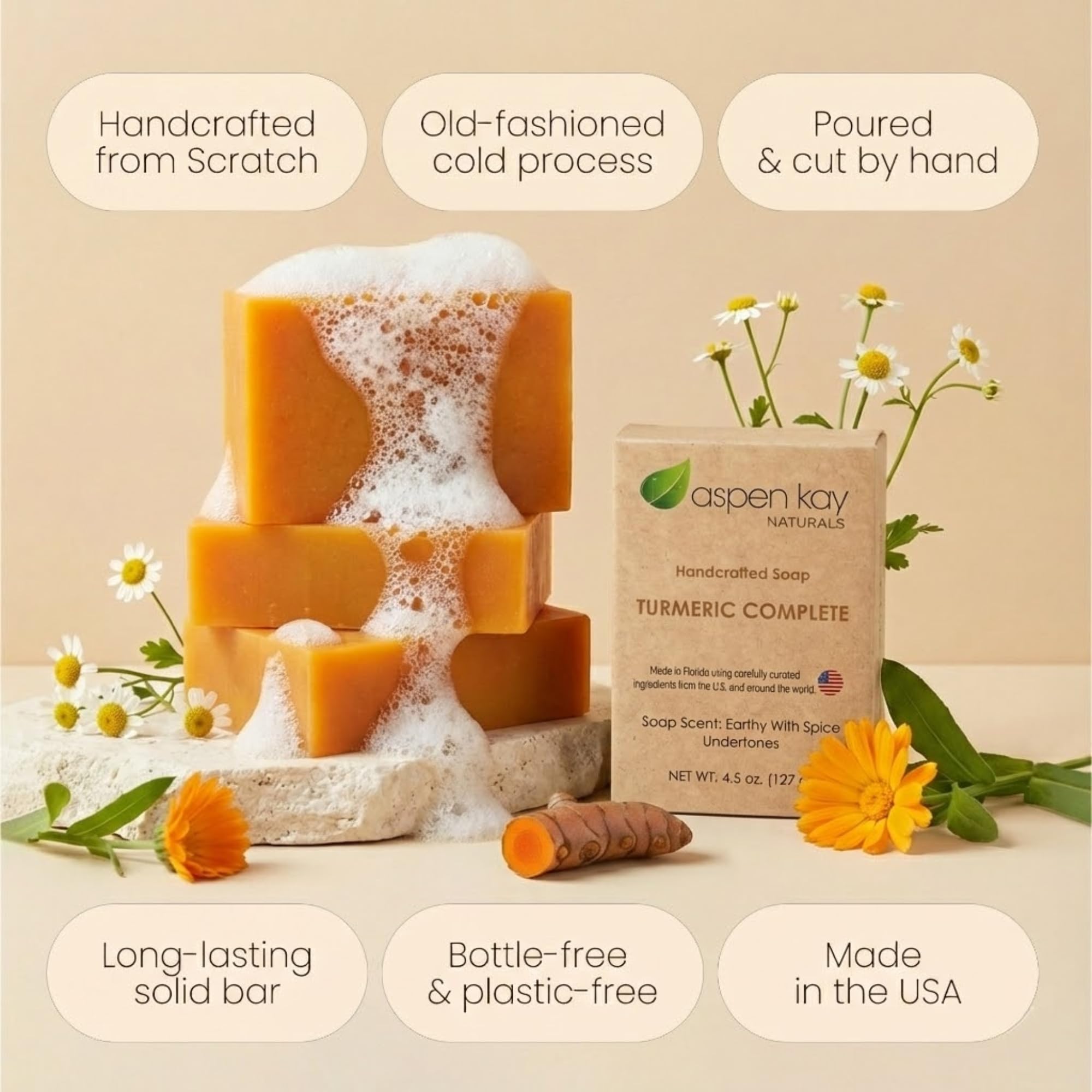 Aspen Kay Naturals turmeric soap with organic shea butter nourishes skin gently.