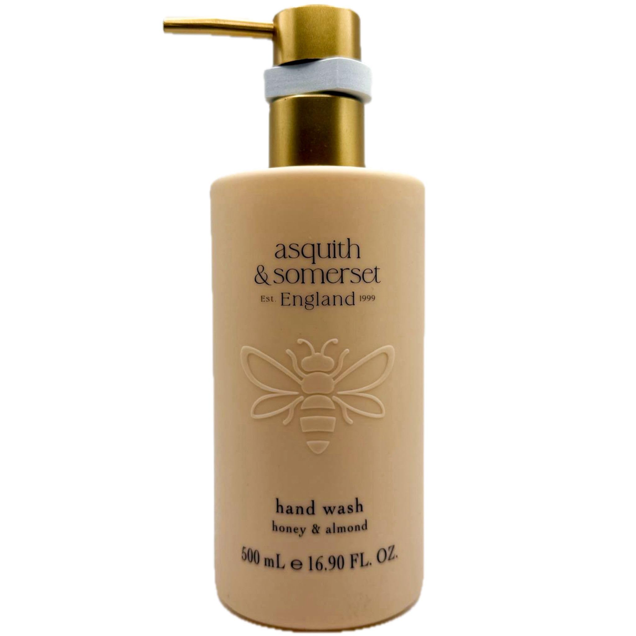 Asquith & Somerset Honey & Almond hand wash bottle with gold pump for luxurious cleansing.