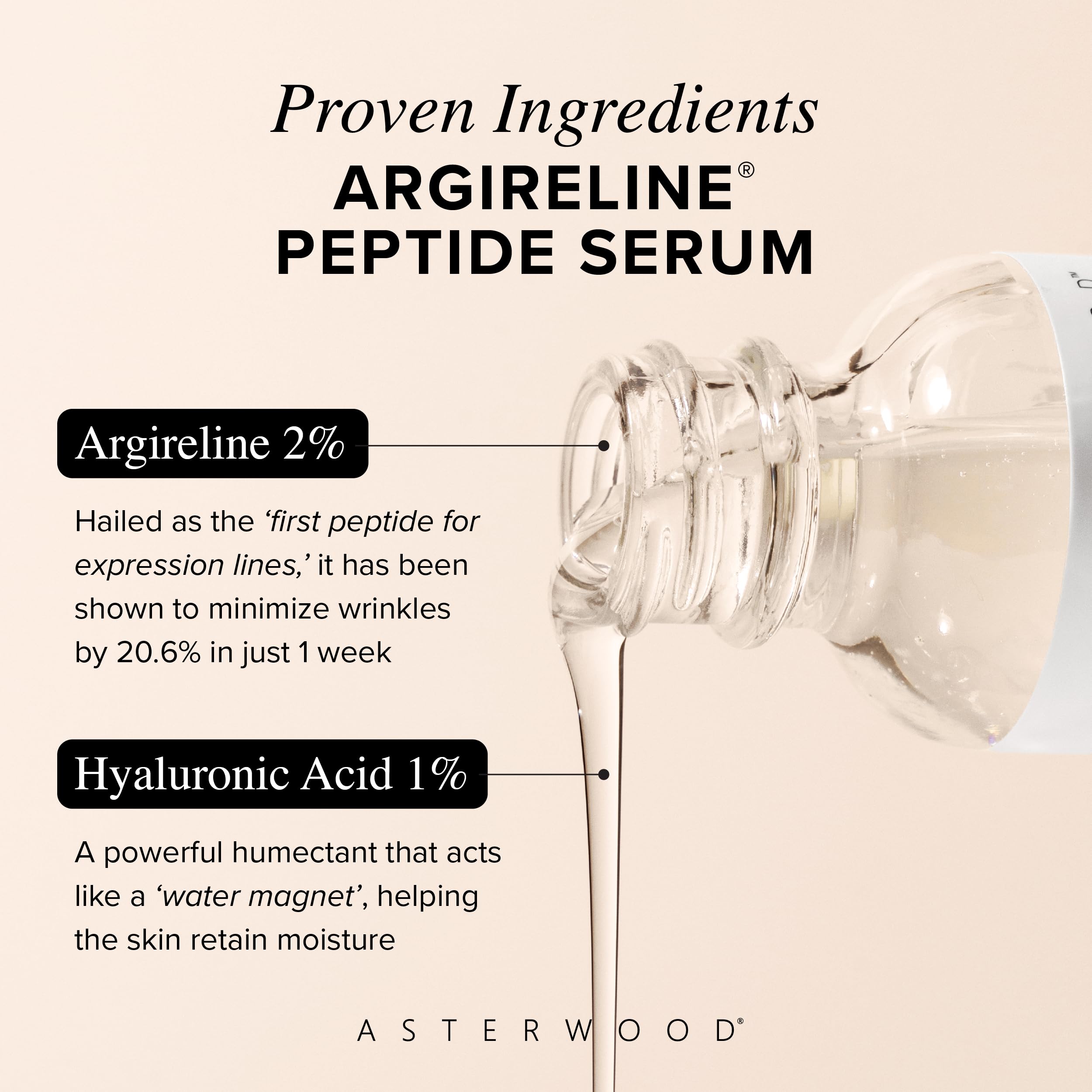 Close-up of Asterwood Argireline Serum drop on skin showing smooth application.