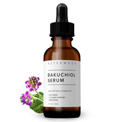 Asterwood Bakuchiol Serum bottle close-up showing fragrance-free anti-aging care