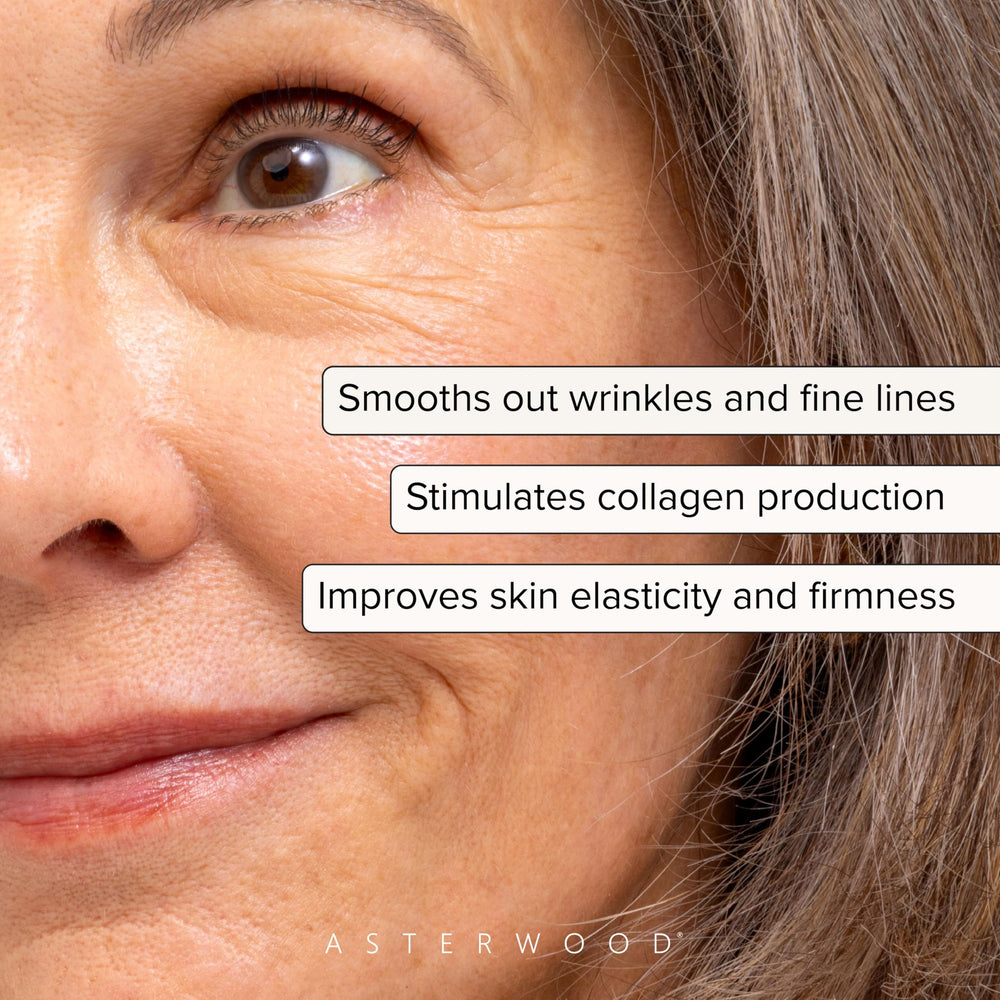 Asterwood Bakuchiol Serum dropper mid-pour emphasizing hydration for daily use