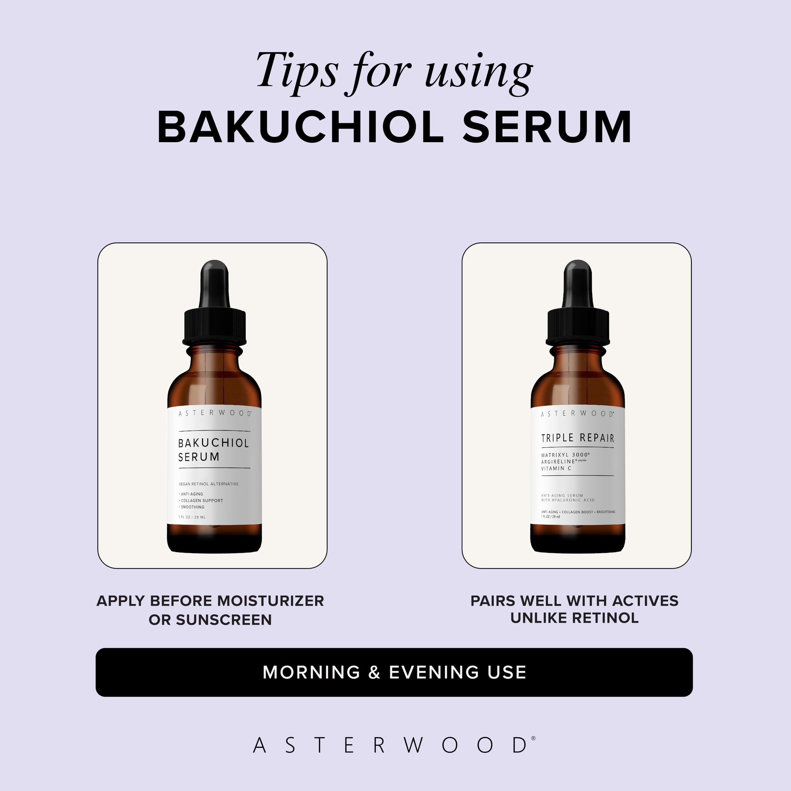 Asterwood Bakuchiol Serum label details plant-based ingredients for gentle care