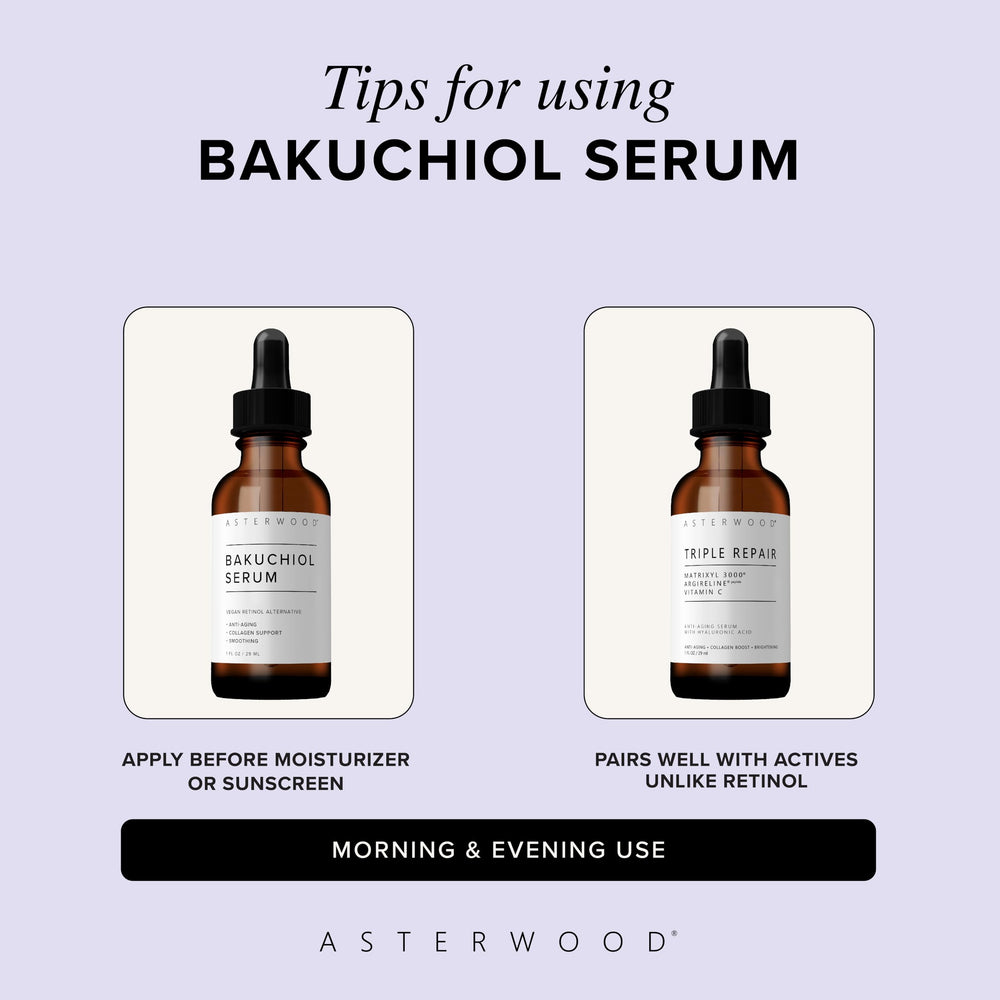 Asterwood Bakuchiol Serum label details plant-based ingredients for gentle care
