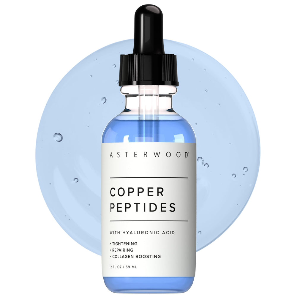 Asterwood Copper Peptides Serum bottle in hero shot supporting radiant skin and smooth texture.