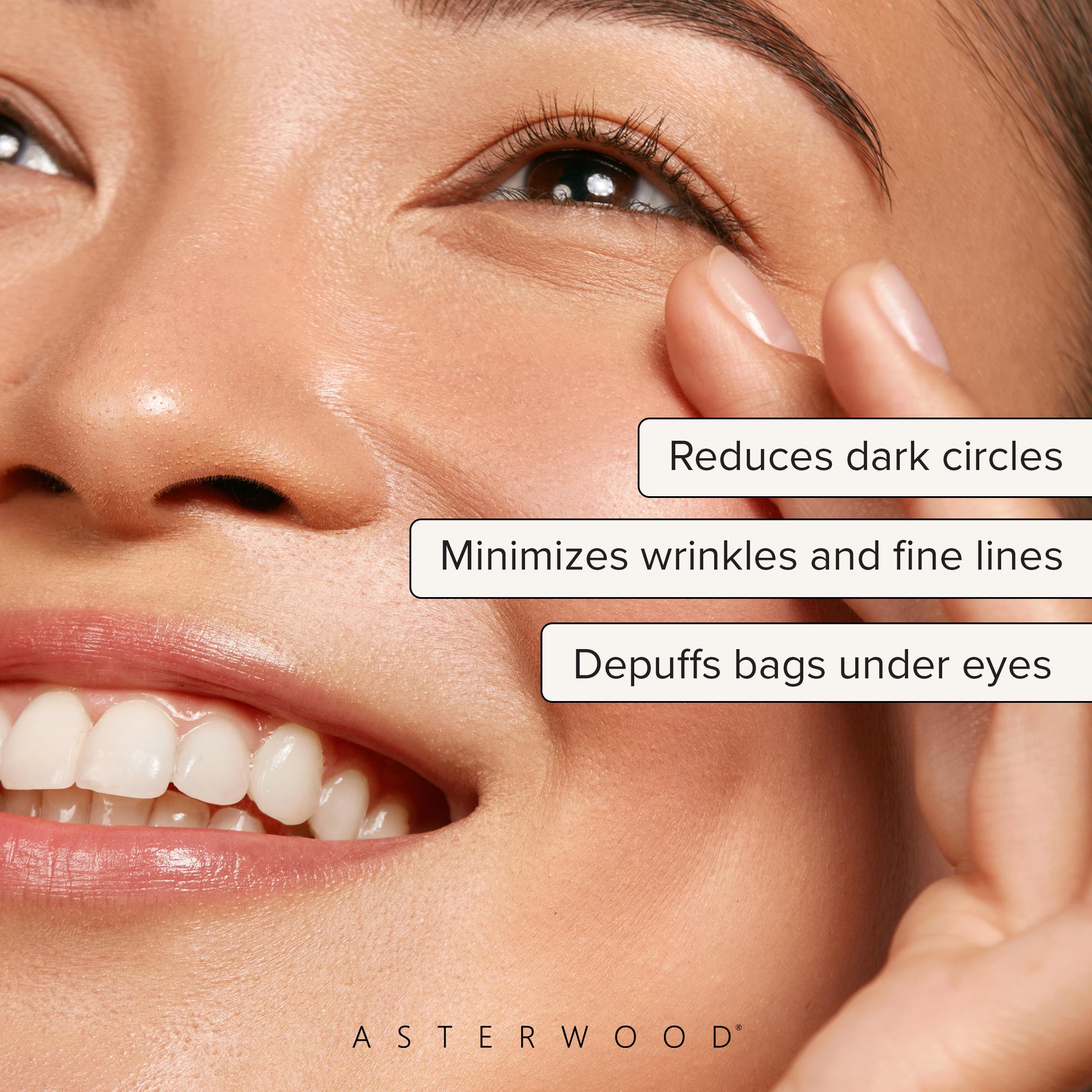 Asterwood eye serum ingredients card highlighting Matrixyl 3000, Niacinamide, and caffeine.
