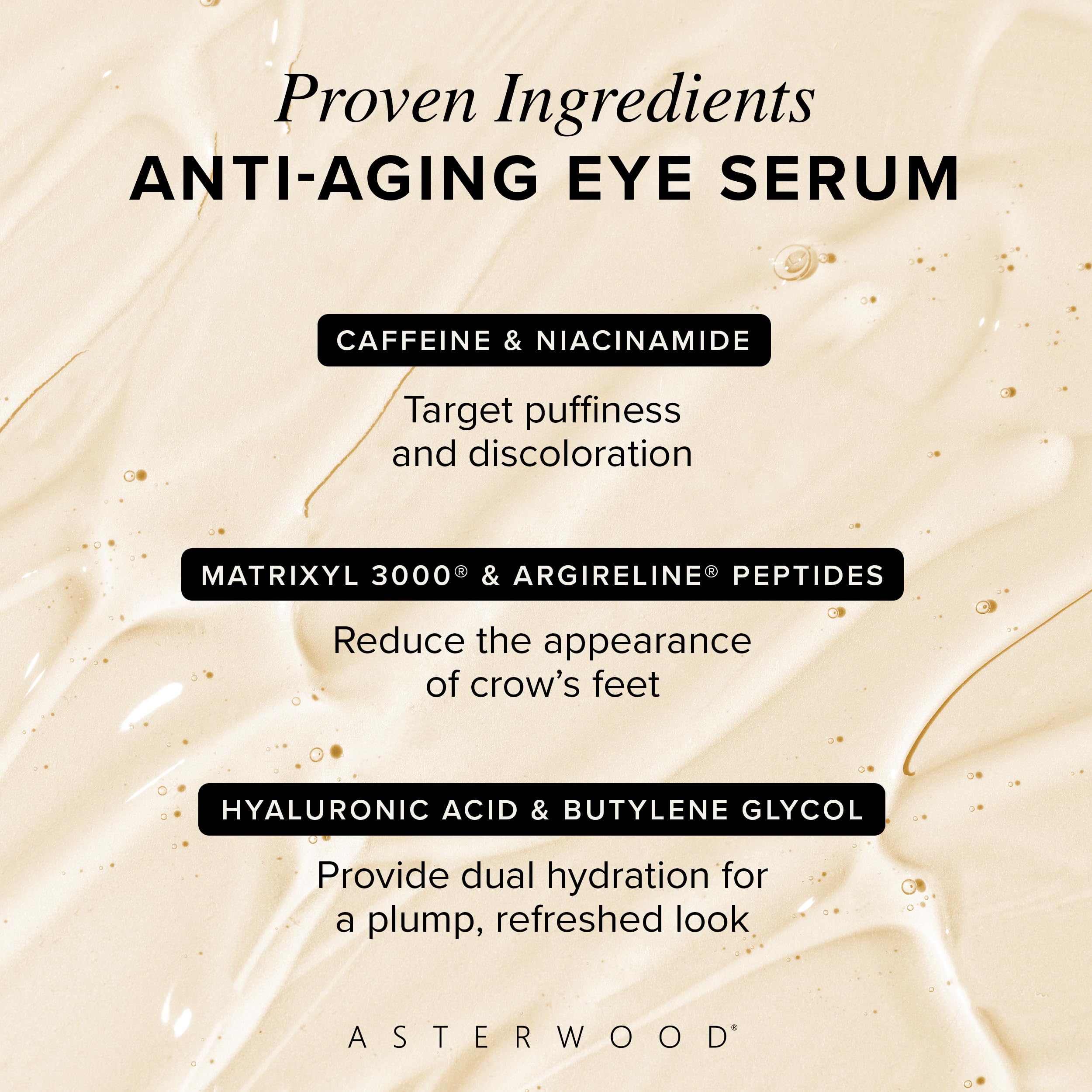 Asterwood Hyaluronic Acid Eye Serum under-eye application glide demonstrates depuffing technique.