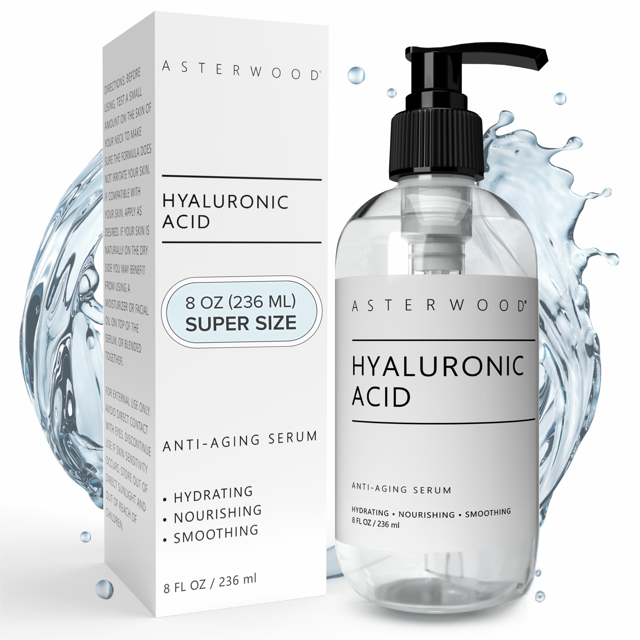 Asterwood Hyaluronic Acid Serum bottle with pump offering fragrance-free facial hydration.