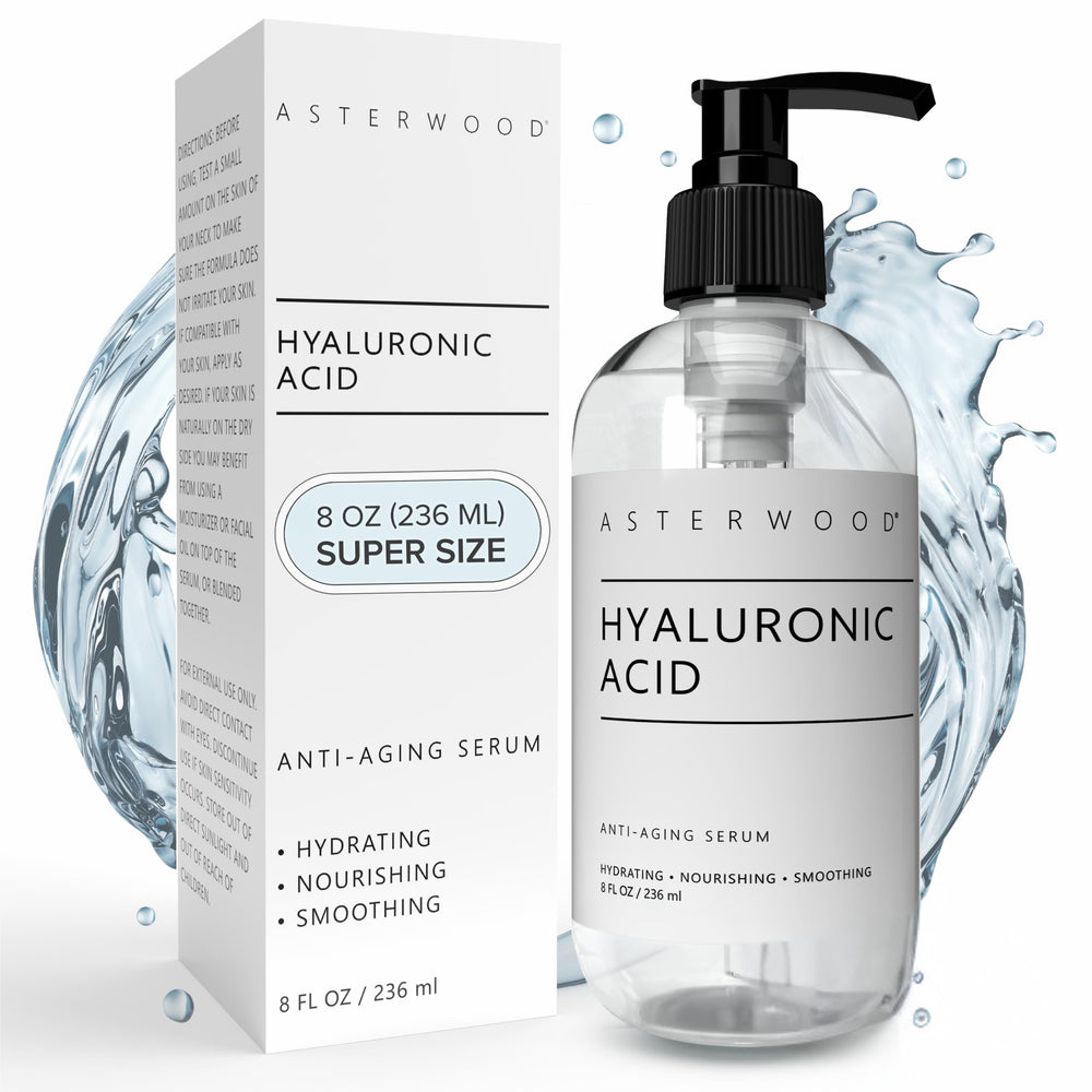 Asterwood Hyaluronic Acid Serum bottle with pump offering fragrance-free facial hydration.