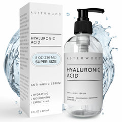 Asterwood Hyaluronic Acid Serum bottle with pump offering fragrance-free facial hydration.
