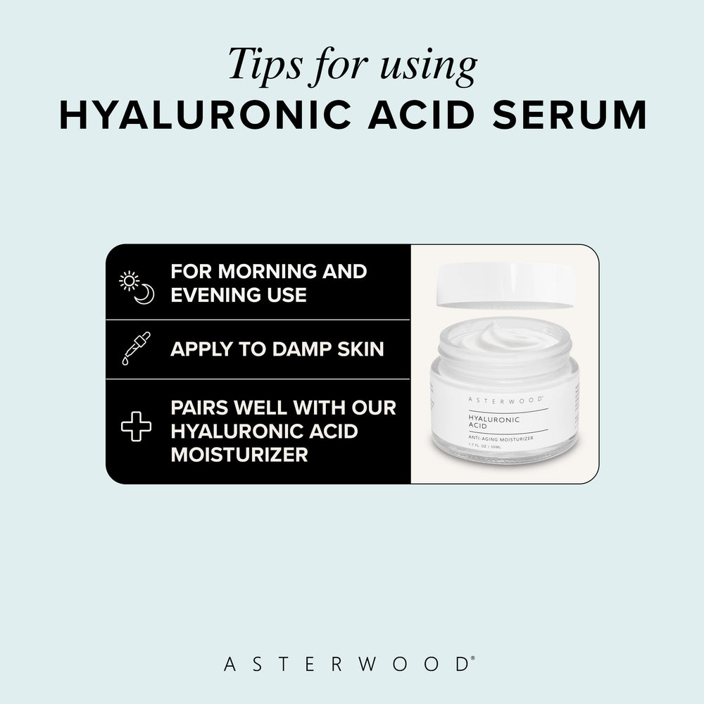 Asterwood Hyaluronic Serum close-up highlights anti-aging potential with consistent use.