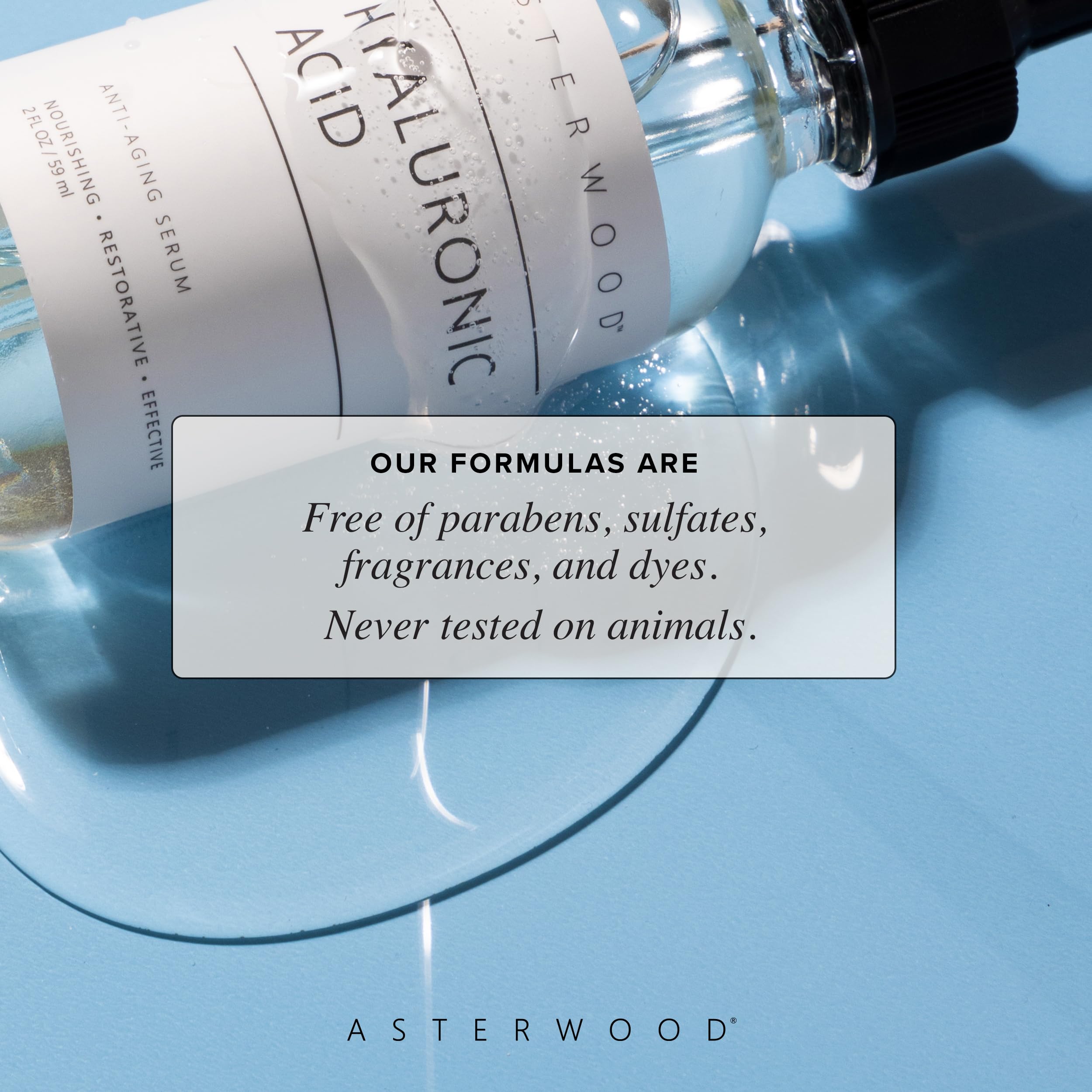 Morning routine shot featuring Asterwood Hyaluronic Serum for fragrance-free comfort.