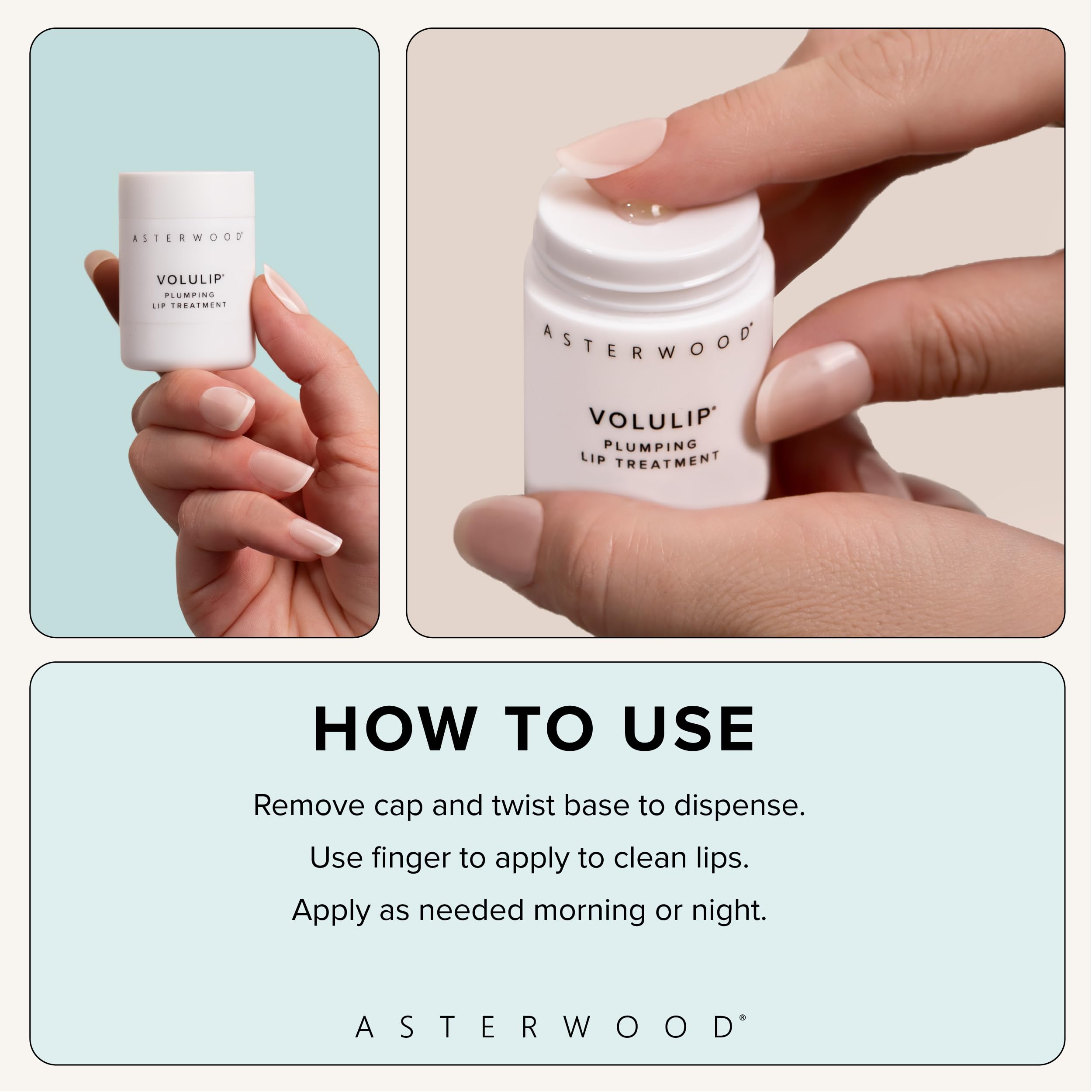 Asterwood Lip Treatment & Balm infused with Matrixyl 3000 for smoother lips.