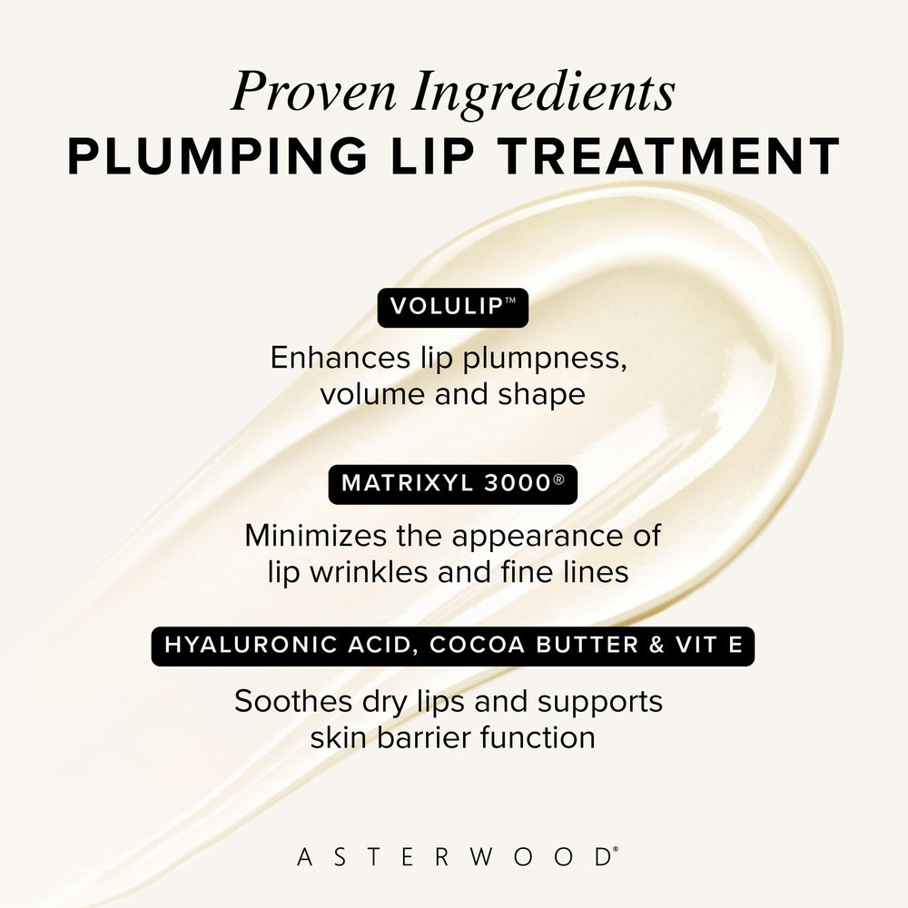 Asterwood Lip Treatment & Balm on display with visible plump effect for fuller lips.