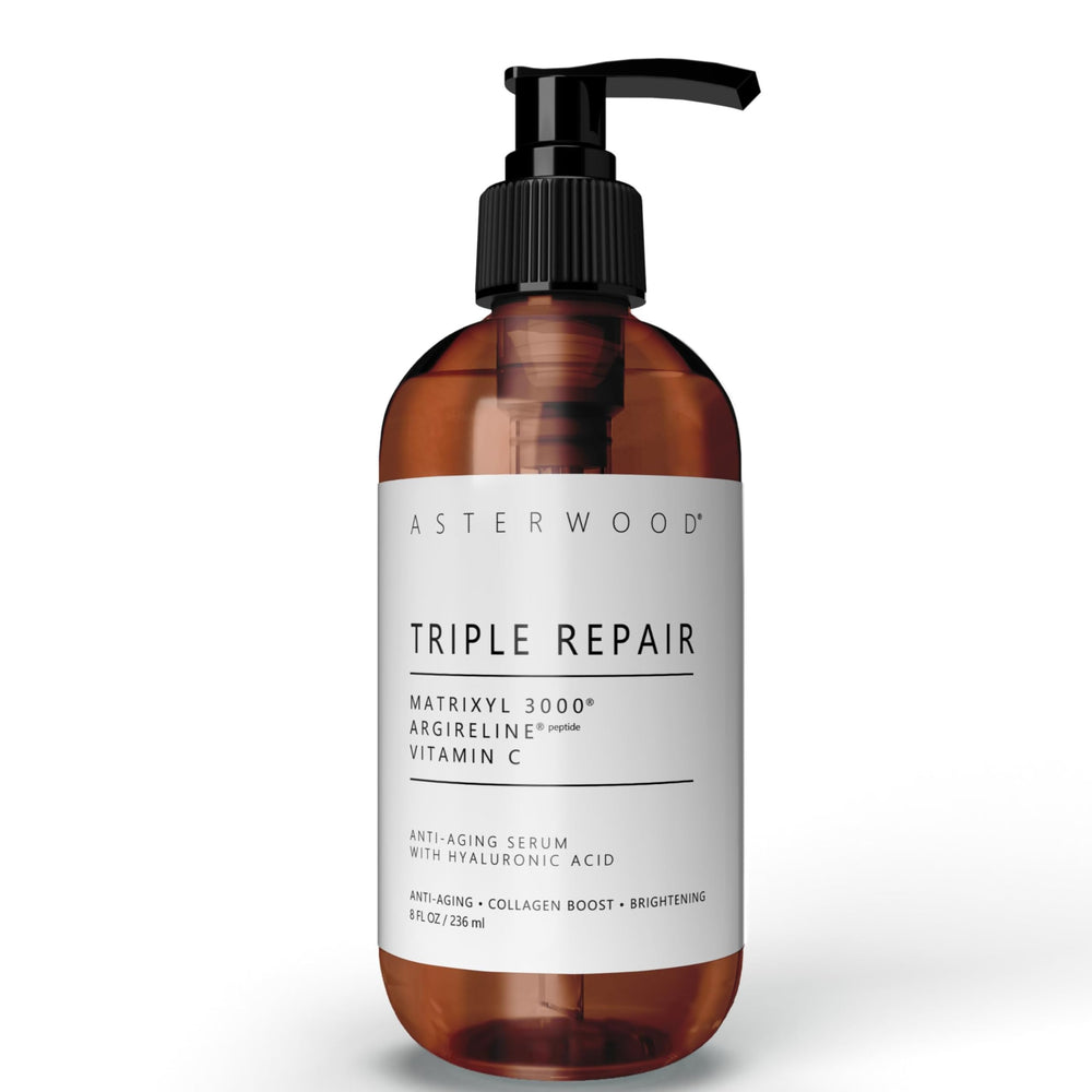 Asterwood Triple Repair Serum bottle with pump for easy application.