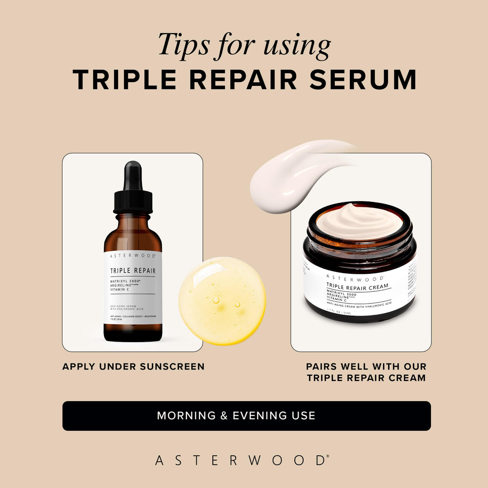 Asterwood Triple Repair Serum on bathroom shelf with clean, minimalist packaging.
