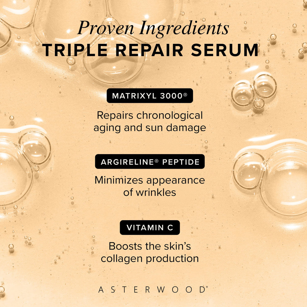 Asterwood Triple Repair Serum swatch shows silky, fast-absorbing texture on skin.