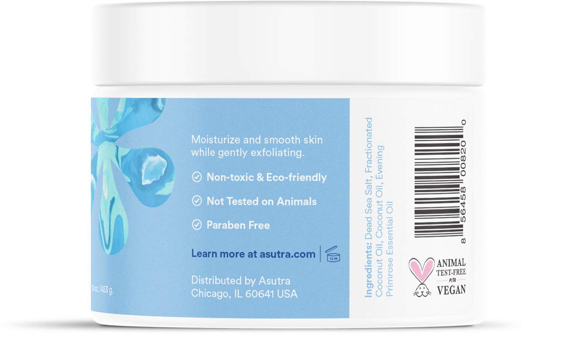 ASUTRA scrub in hand shows coconut oil infusion for soft skin.