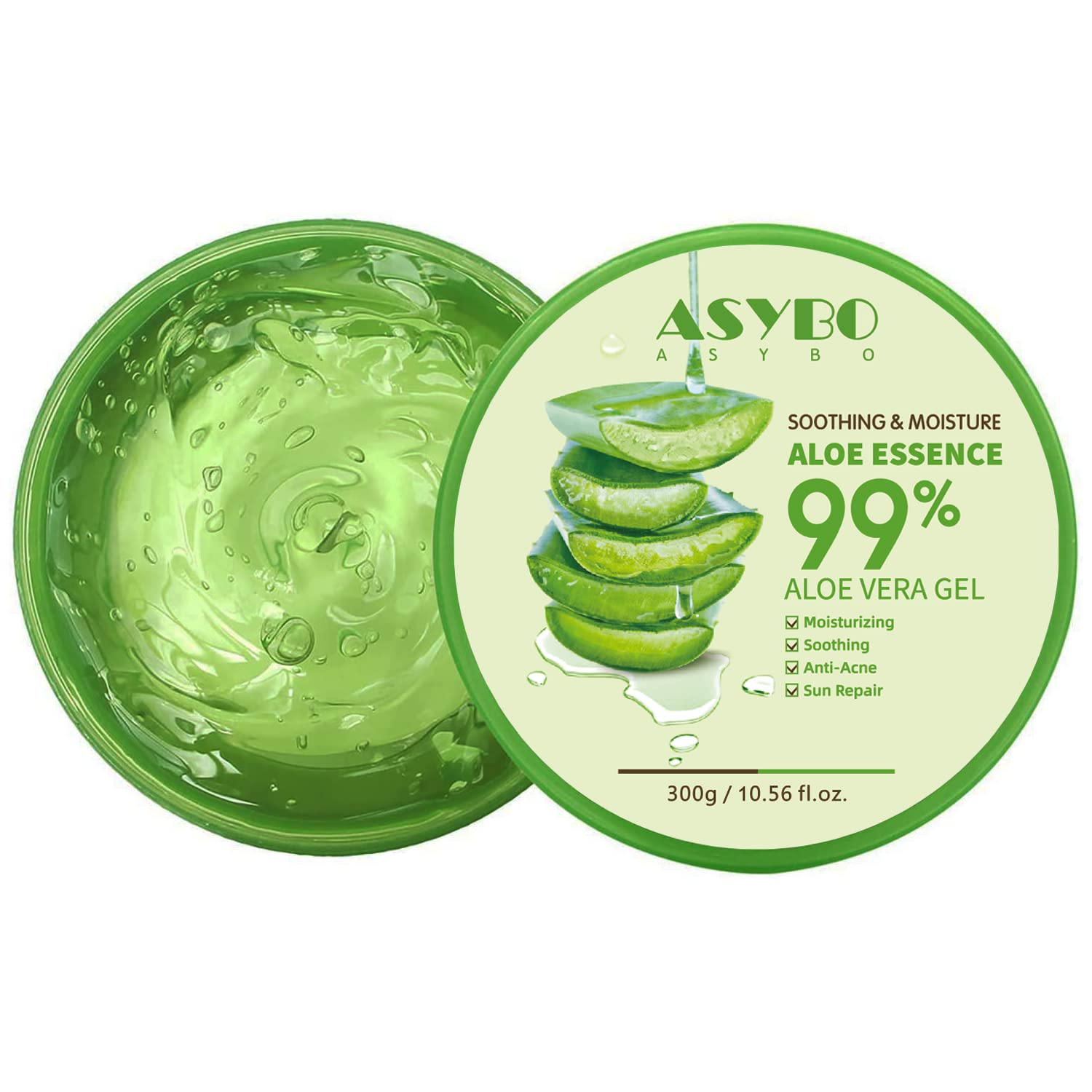 ASYBO aloe gel bottle pour demonstrates easy, mess-free hydration for face and body.