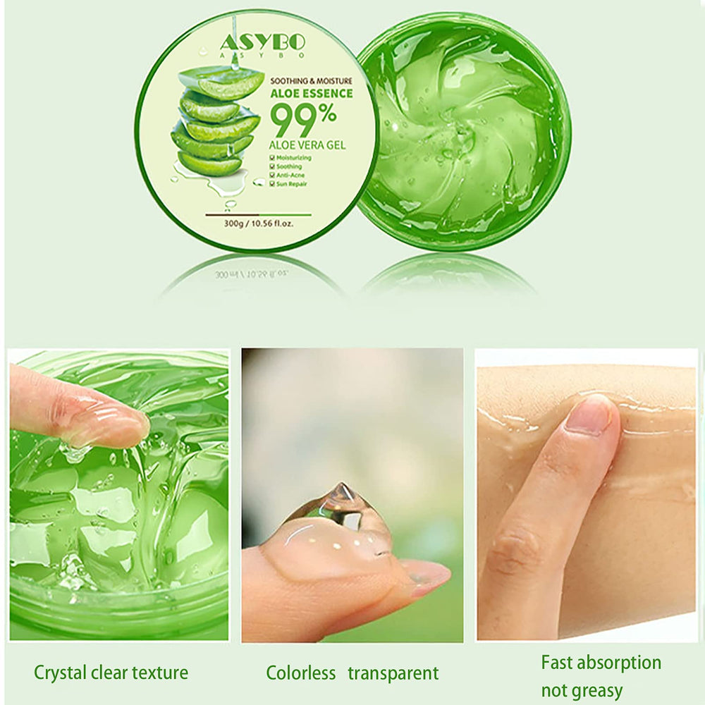 ASYBO aloe gel used on hair ends to condition and calm strands.