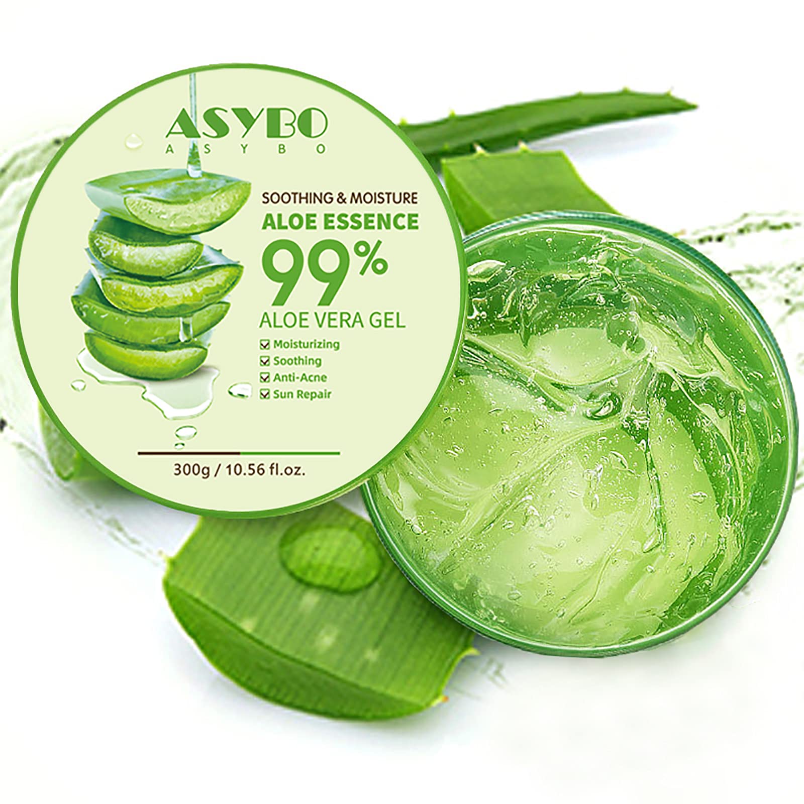 Packaging and labeling of ASYBO aloe vera gel highlights natural ingredients and safety features.