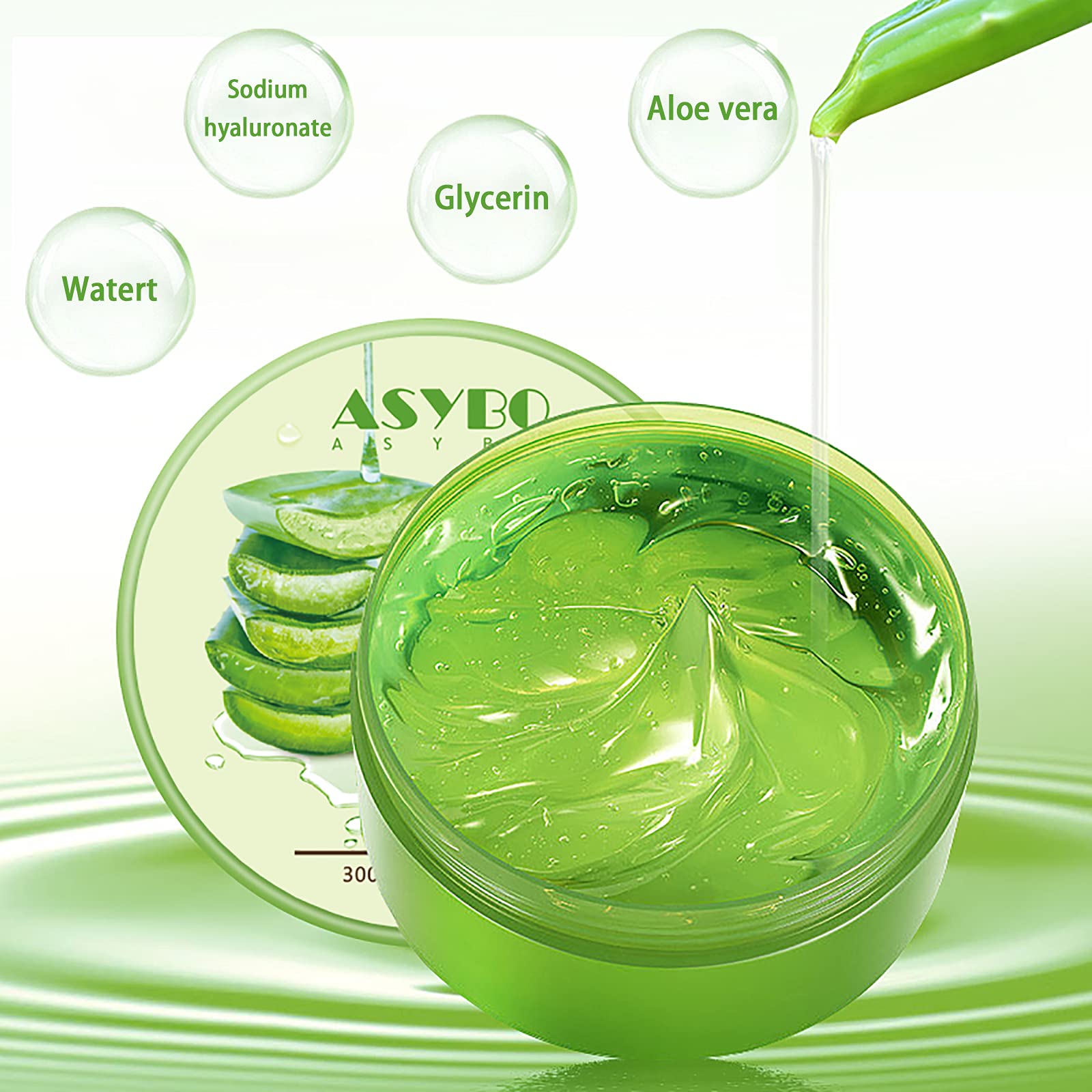 Close-up of ASYBO aloe gel texture showing lightweight, fast-absorbing formula.