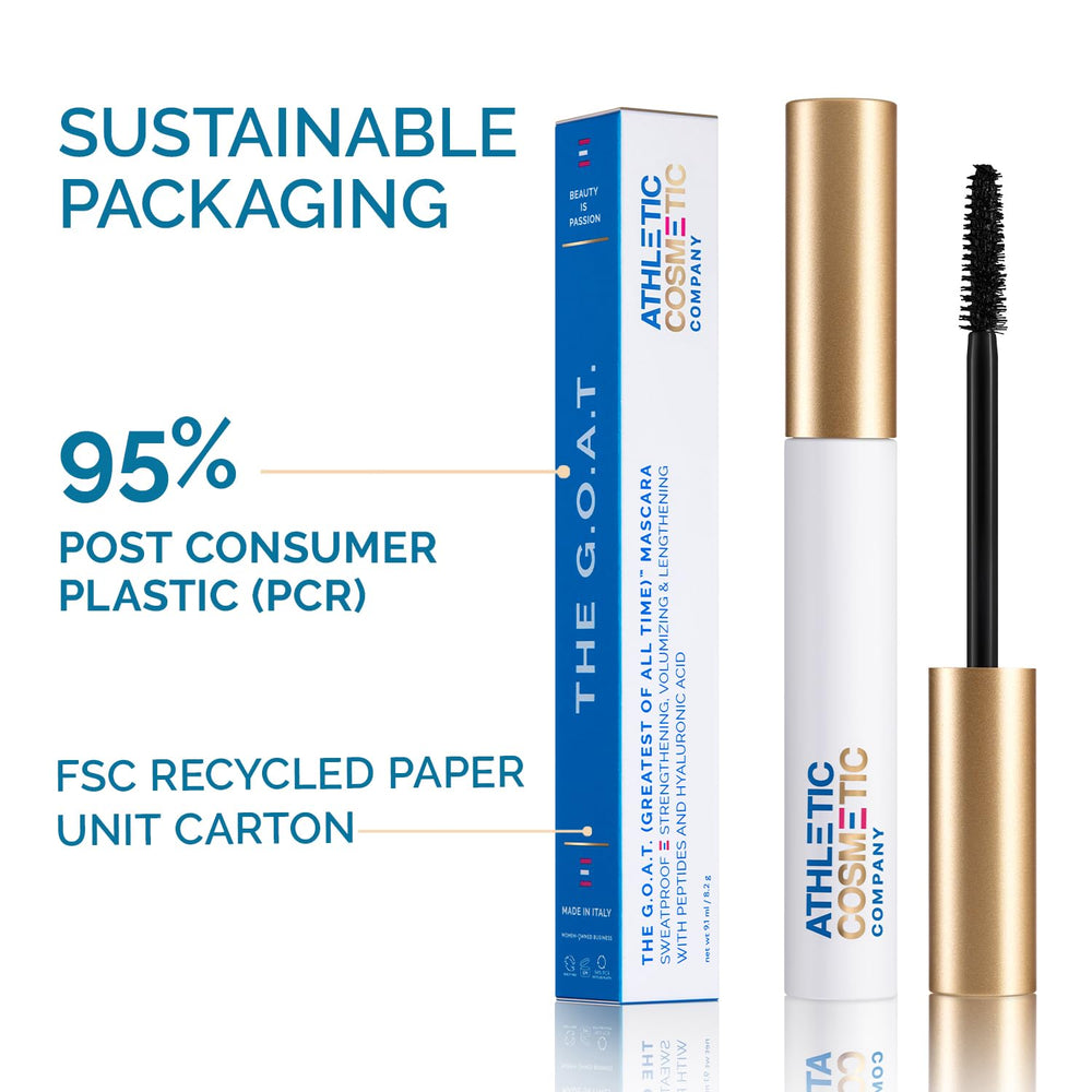 ATHLETIC COSMETIC The G.O.A.T. mascara formula highlights peptides and hyaluronic acid benefits.