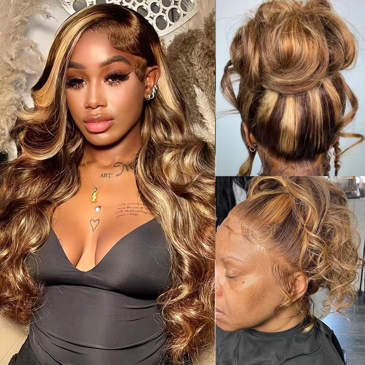 Atilck 360 lace front honey blonde ombre wig in 22 inch with natural-looking hairline.