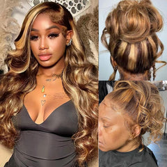 Atilck 360 lace front honey blonde ombre wig in 22 inch with natural-looking hairline.