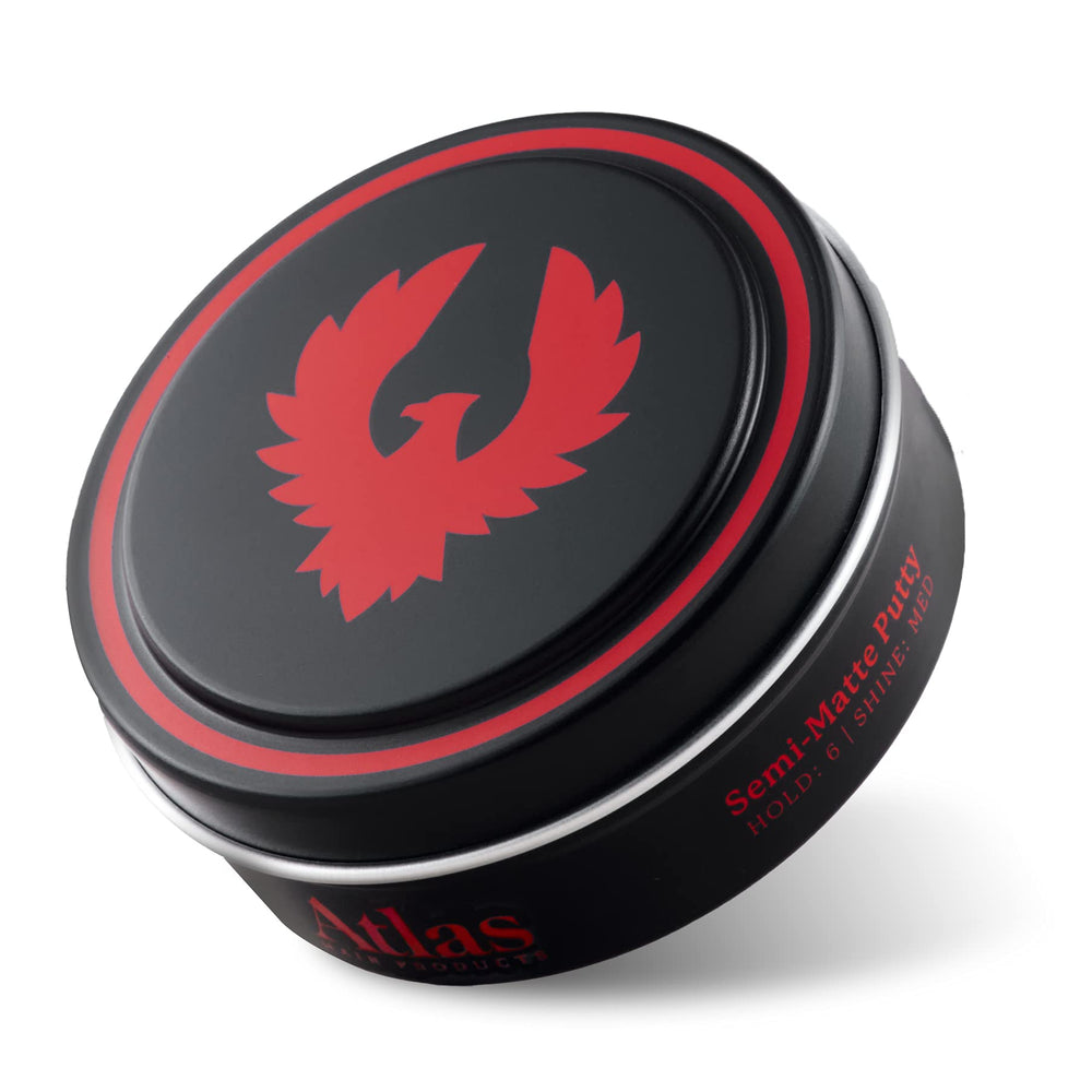 Atlas Pomade jar close-up for semi-matte finish and all-day hold.