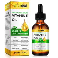 ATOANY Vitamin E oil bottle showcasing 75,000 IU formula for skin care