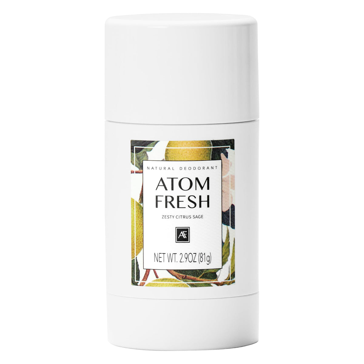 Atom Fresh Laboratory natural deodorant bottle cap shows easy, mess-free application and long-lasting odor control.