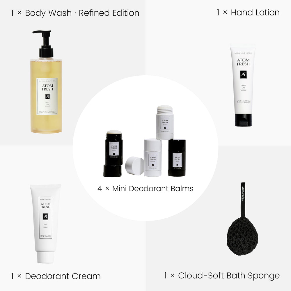Gift set flat lay of Atom Fresh Laboratory Sweet Jam Jasmine products for a cohesive routine