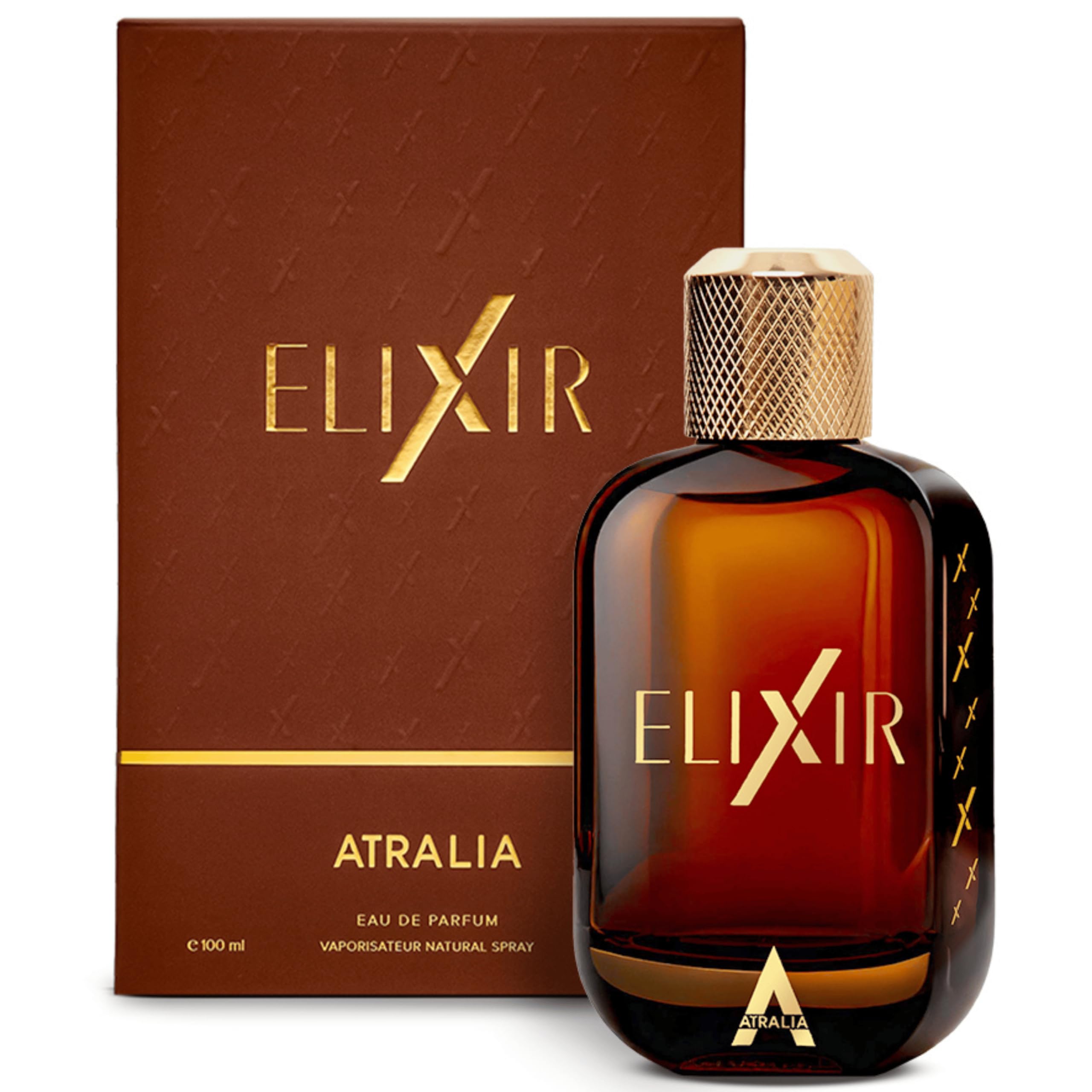 Atralia Elixir bottle front view highlighting premium branding and timeless elegance.